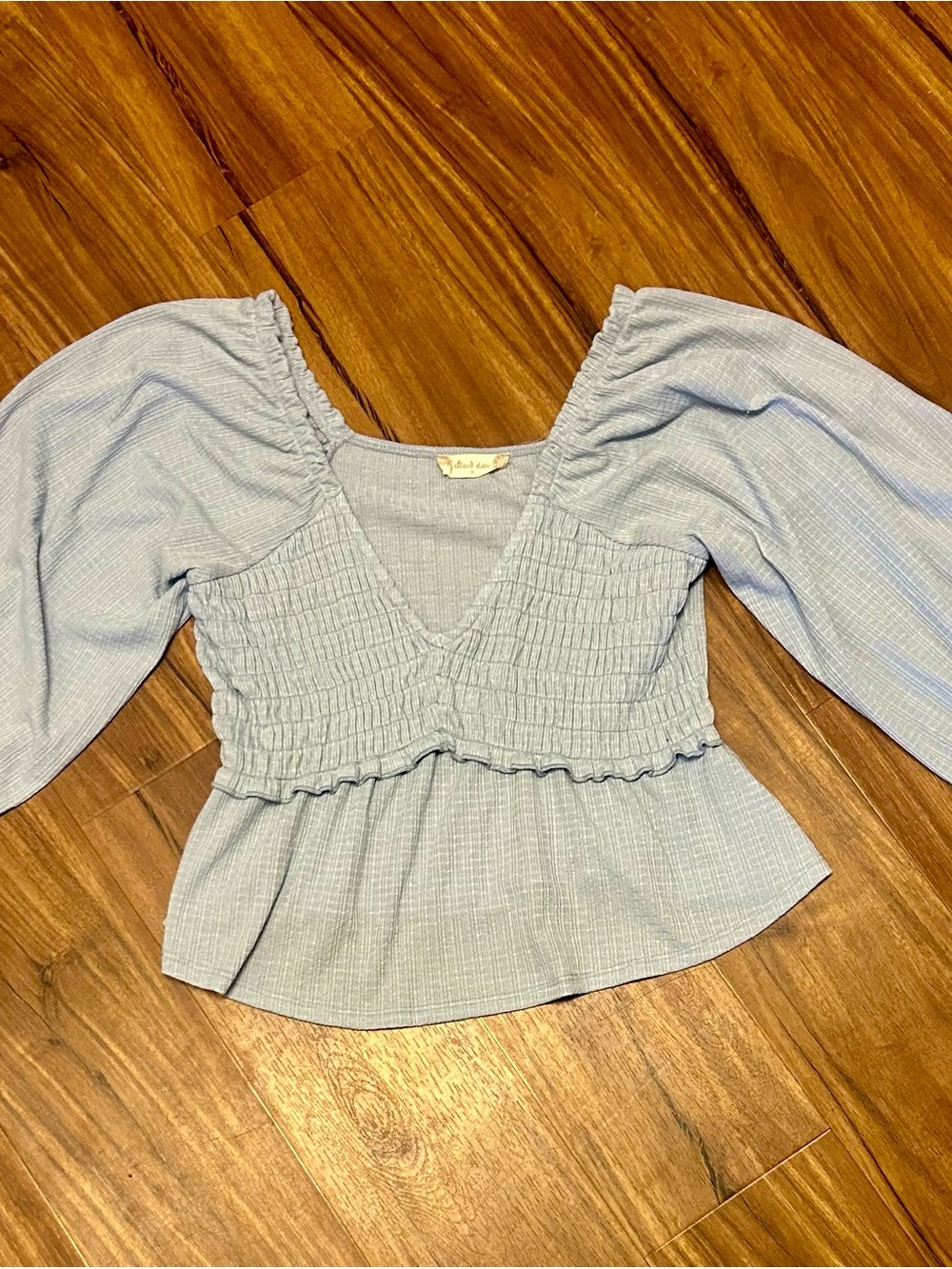 Altar’d State Light Blue Long Sleeve Peplum Blouse Smocked Bodice S